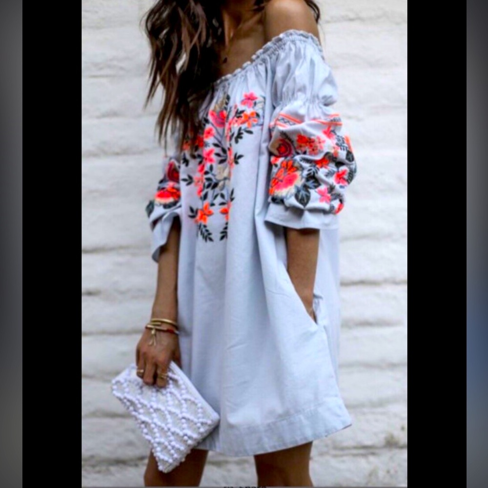 Free People sm off shoulder pocket dress 3/4 balloon sleeve flower embroidered